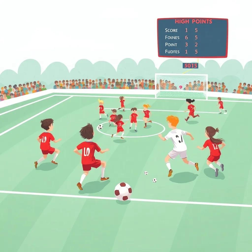 A soccer field during a match, with kids in red and white uniforms playing fiercely, the red team coordinating on the field, the score board showing high points, action-packed scene, illustration, energetic, child-friendly