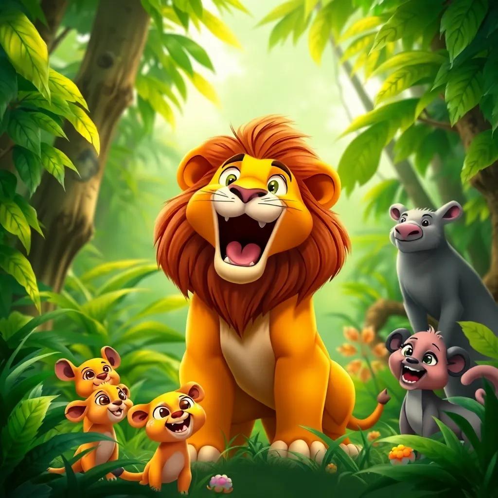 A proud lion, named Leon, in a lush green jungle, roaring confidently, surrounded by curious animals, vibrant colors, cheerful atmosphere, digital art, detailed, inviting