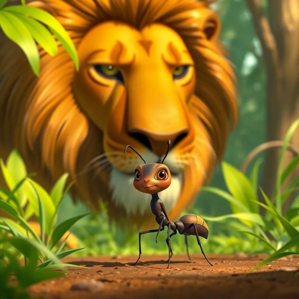 A tiny ant, Noura, with a determined look, standing in front of a massive lion, in the jungle, bright greens and browns, showcasing courage and wisdom, illustration, engaging, child-friendly
