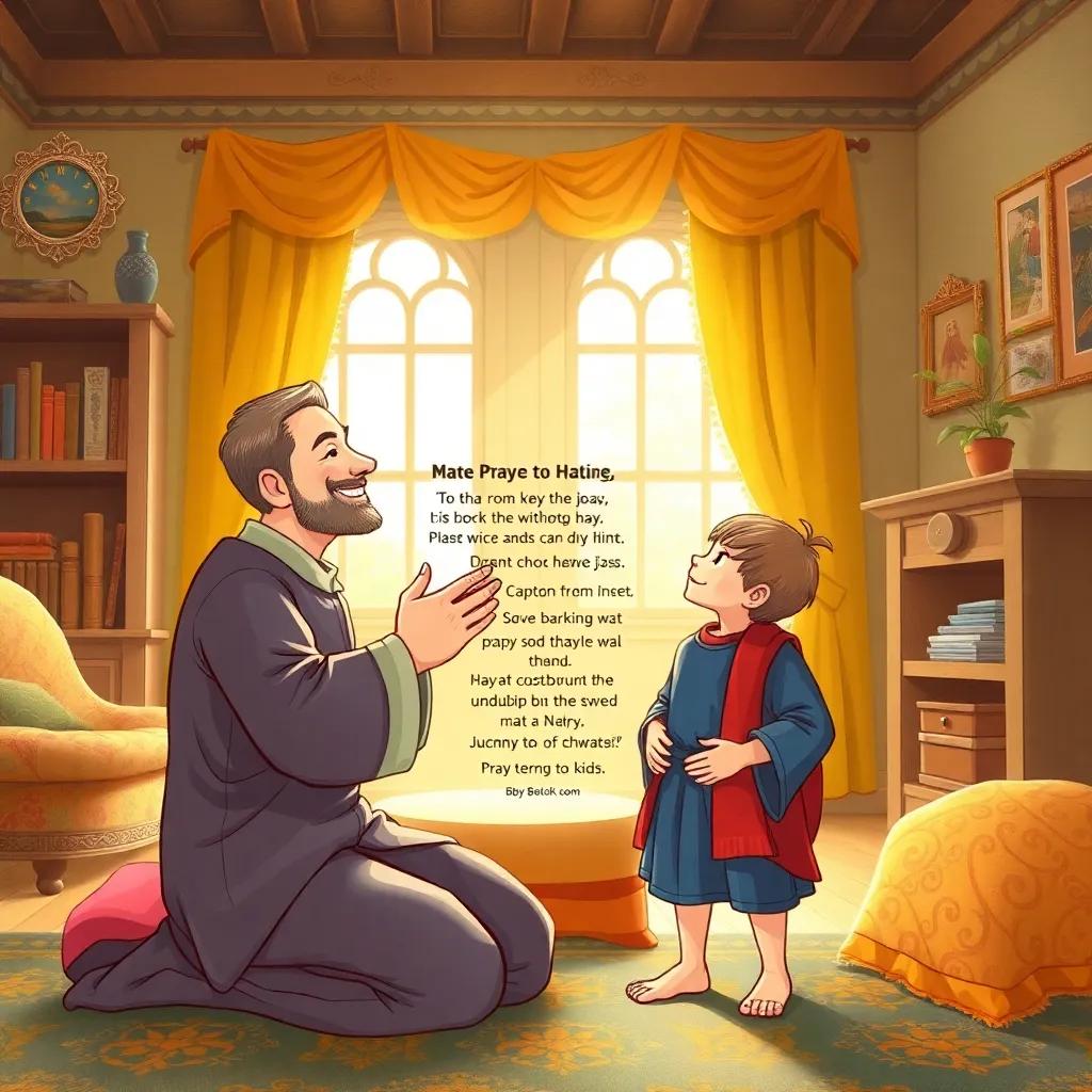 A father explaining prayer rules to his son, illustrated in a friendly way, both smiling, the room filled with light, colorful furniture, a nurturing environment, illustration, engaging, educational, child-friendly