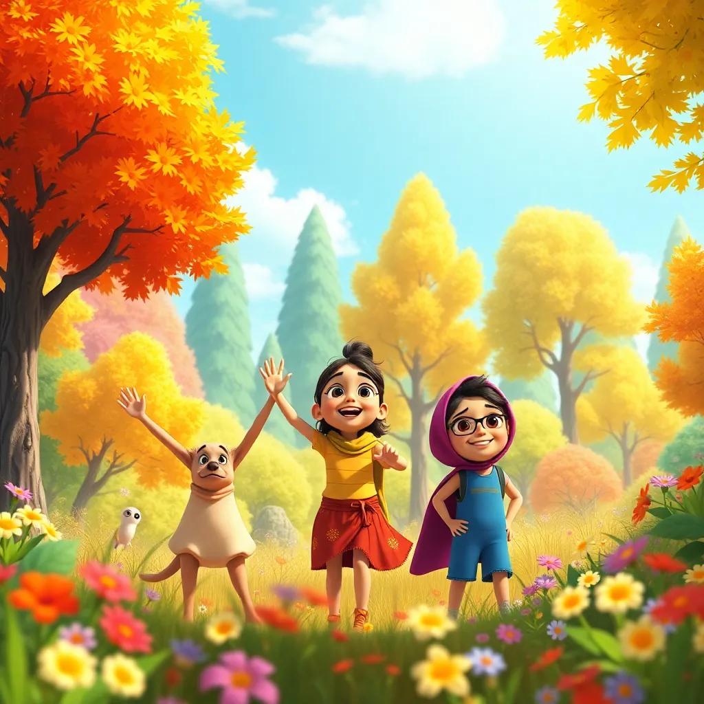 A sunny day in a big forest with three friends, Leila, Sami, and Ali, excited to explore, colorful trees and flowers all around, digital art, bright colors, cheerful atmosphere, high quality