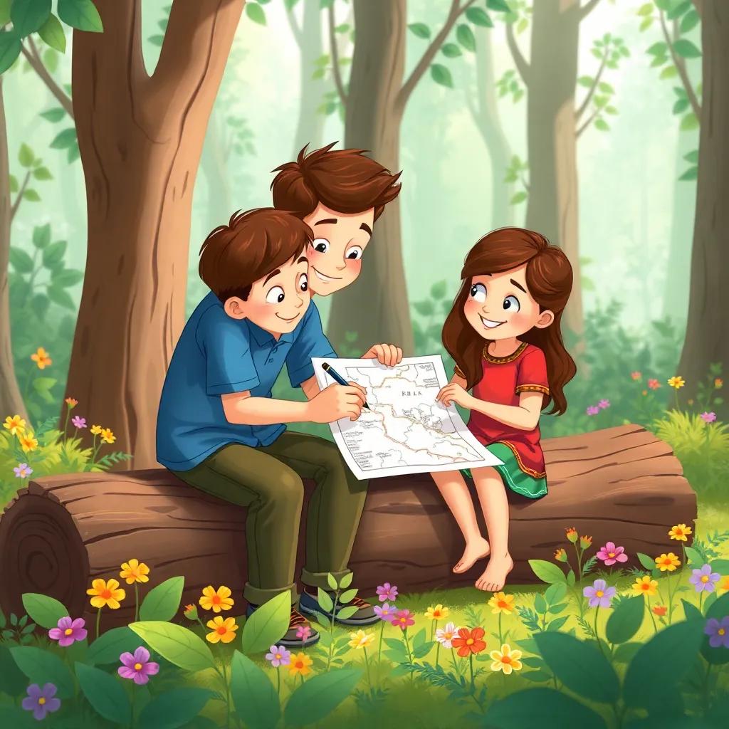 Friends drawing a small map together, sitting on a log in the forest, surrounded by green leaves and colorful flowers, illustration, light and playful, child-friendly
