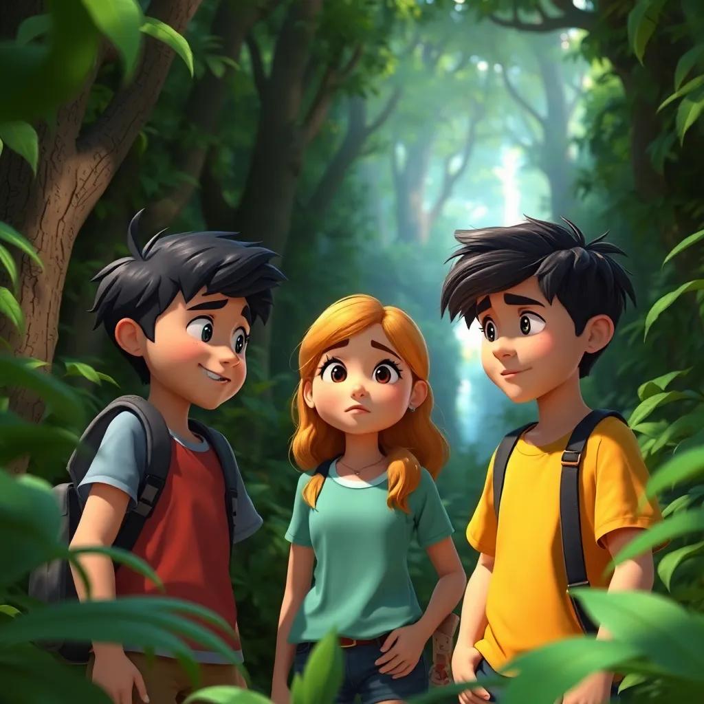 Three friends looking tired but determined, talking together in the maze, light filtering through the trees above, encouraging atmosphere, vibrant colors, fantasy