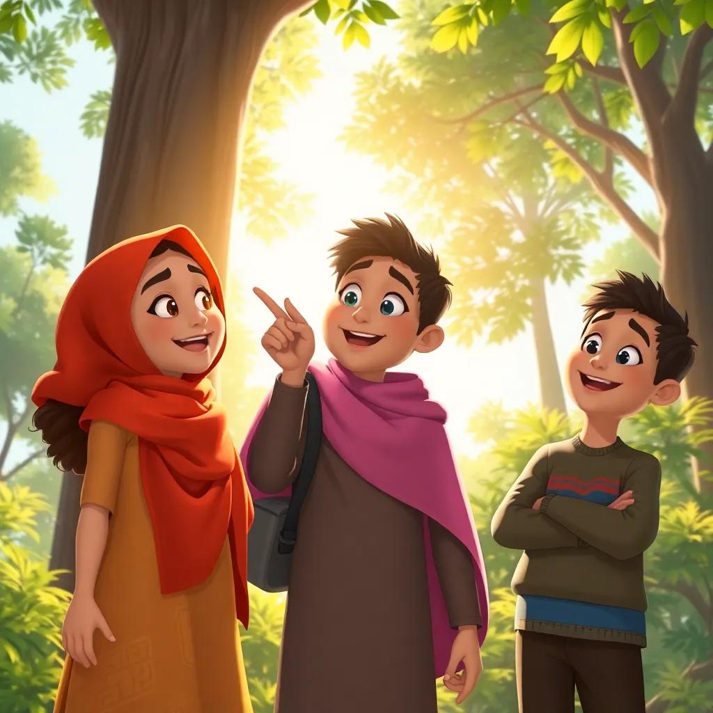 Leila excitedly pointing to the sunlight breaking through the trees, while Ali and Sami listen eagerly, illustrating teamwork, colorful and friendly, uplifting