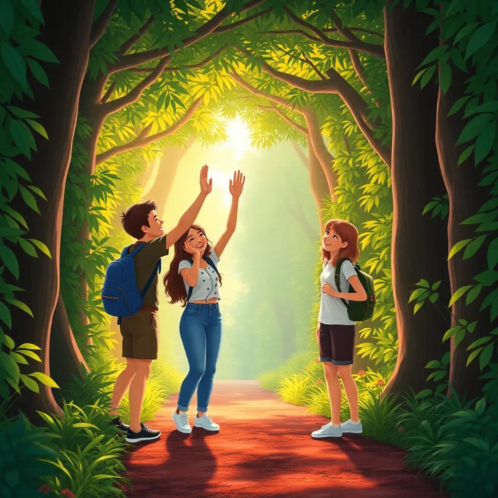 Friends celebrating at the exit of the maze, laughing and high-fiving each other, surrounded by the beauty of the forest, warm light, bright colors, joyous illustration