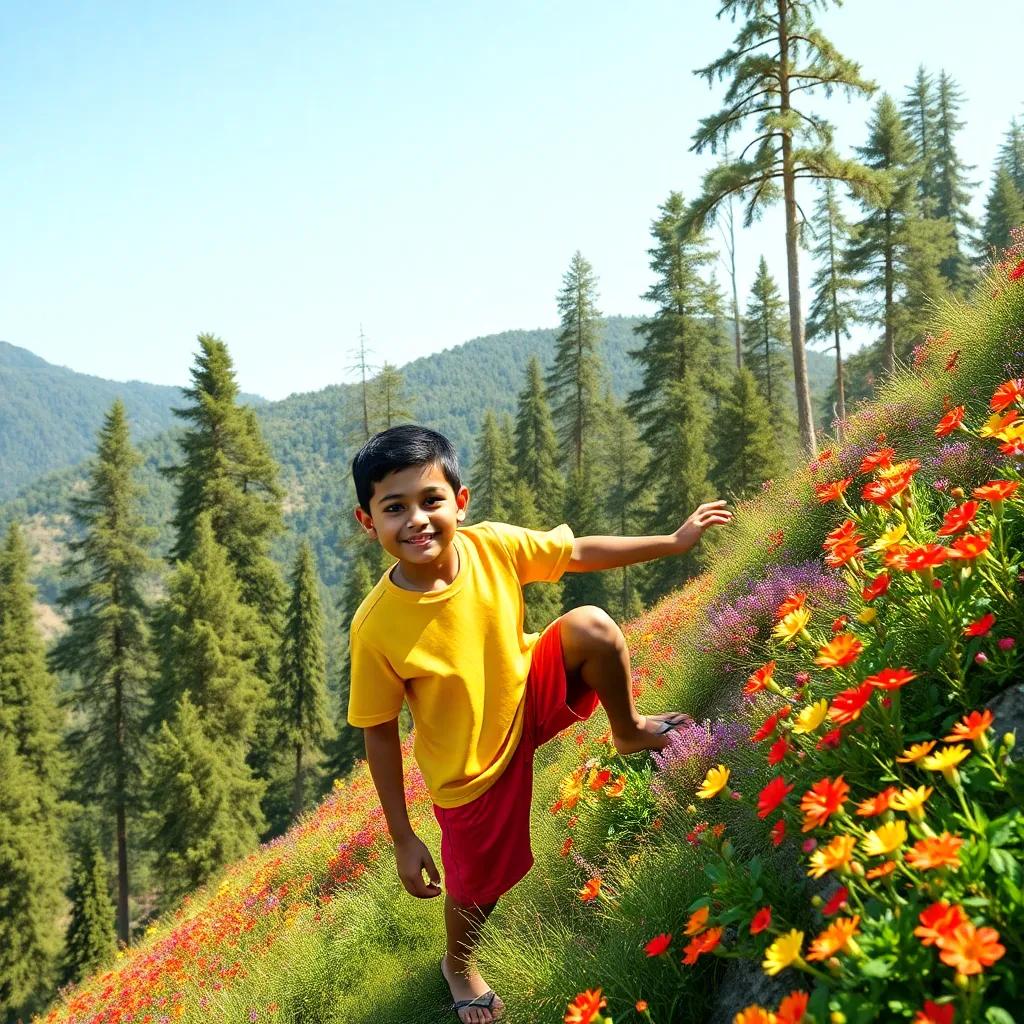 A young Arabic boy, Mujahid, with short black hair, wearing a bright t-shirt and shorts, climbing a green mountainside surrounded by tall trees and colorful flowers, cheerful atmosphere, digital art, vibrant colors, midday light, high quality