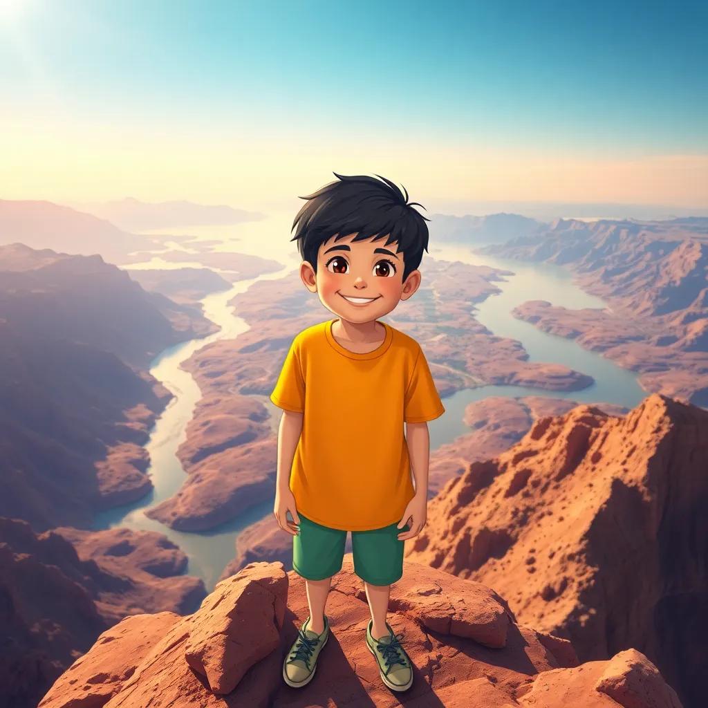 Mujahid, a young Arabic boy with short black hair, wearing a bright t-shirt and shorts, standing at the top of a mountain overlooking beautiful rivers and valleys, exciting and joyful moment, illustration, rich colors, warm sunlight, child-friendly