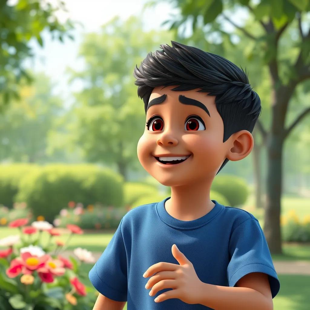 A young Arab boy, Majd, with short black hair and wearing a blue shirt, smiling while playing in a green park with trees and flowers, digital art, bright colors, cheerful atmosphere, high quality