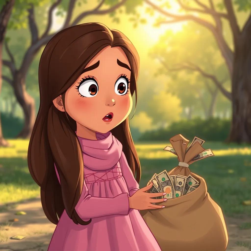A young Arab girl, Ayah, with long brown hair wearing a pink dress, looking surprised at a bag full of money they found in the park, detailed illustration, warm light, curious expression, high quality