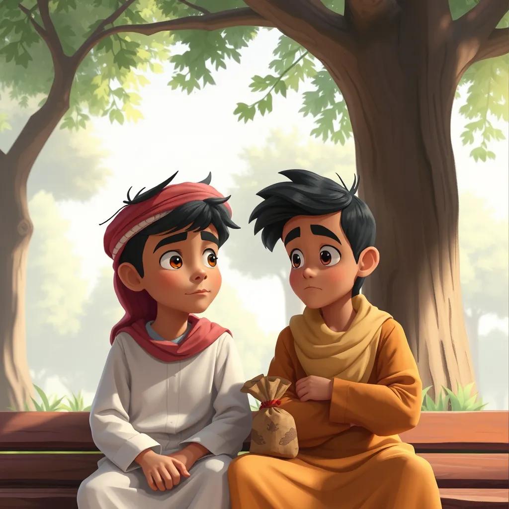 A young Arab boy, Majd, looking thoughtful and a little unsure while sitting next to Ayah in the park, discussing what to do with the bag of money, digital painting, soft colors, friendly vibe, high quality