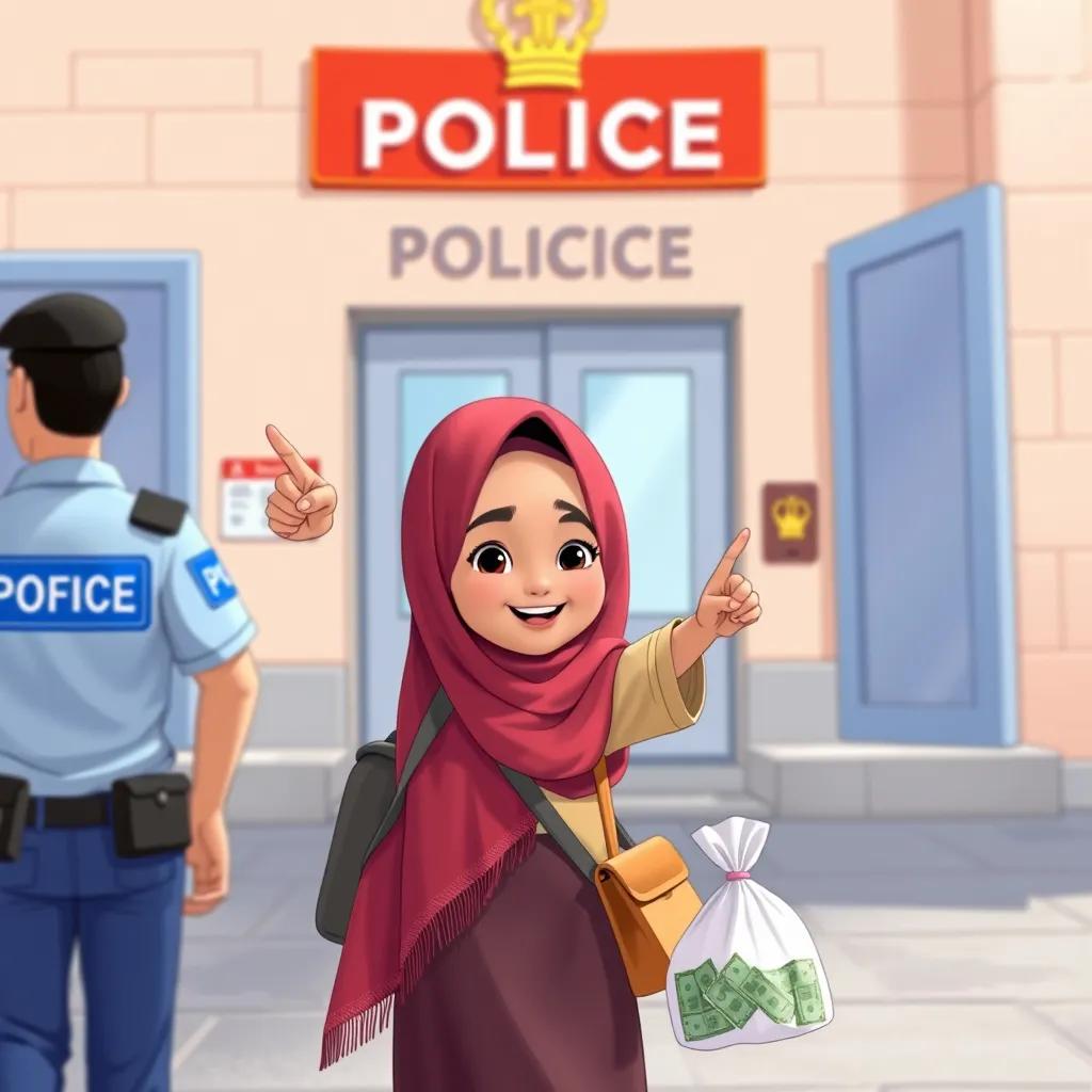 A young Arab girl, Ayah, pointing with enthusiasm as they walk towards a police station, the bag of money in hand, bright and inviting scene, child-friendly, colorful illustration, high quality
