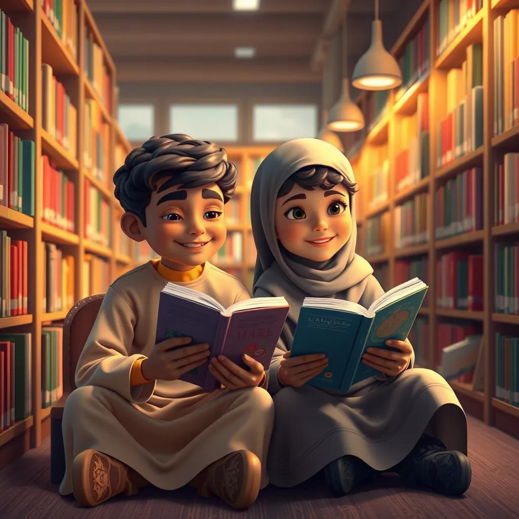 A young Arab boy and girl, Majd and Ayah, sitting in a library, happily reading their new books after doing the right thing, surrounded by bookshelves, warm lighting, joyful and cozy atmosphere, high quality