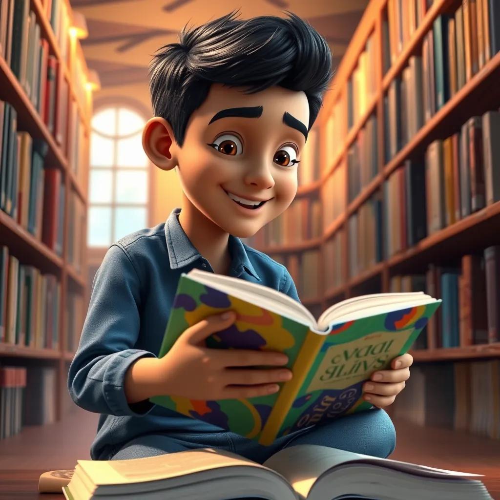 A young Arab boy, Majd, with short black hair, wearing a blue shirt and jeans, happily reading a colorful book in a cozy library filled with bookshelves, warm light, inviting atmosphere, detailed digital art, cheerful ambiance