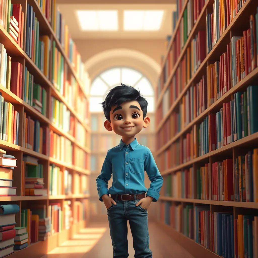 Majd, a young Arab boy, with short black hair in a blue shirt and jeans, standing happily in a library full of colorful books, surrounded by shelves, soft natural light, vibrant colors, storytelling view, fantasy