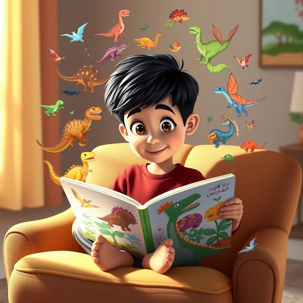 A young Majd, an Arab boy with short black hair, sitting on a comfy chair with a dinosaur book, imagining dinosaurs around him, colorful illustrations in his mind, bright and vivid colors, whimsical style, child-friendly