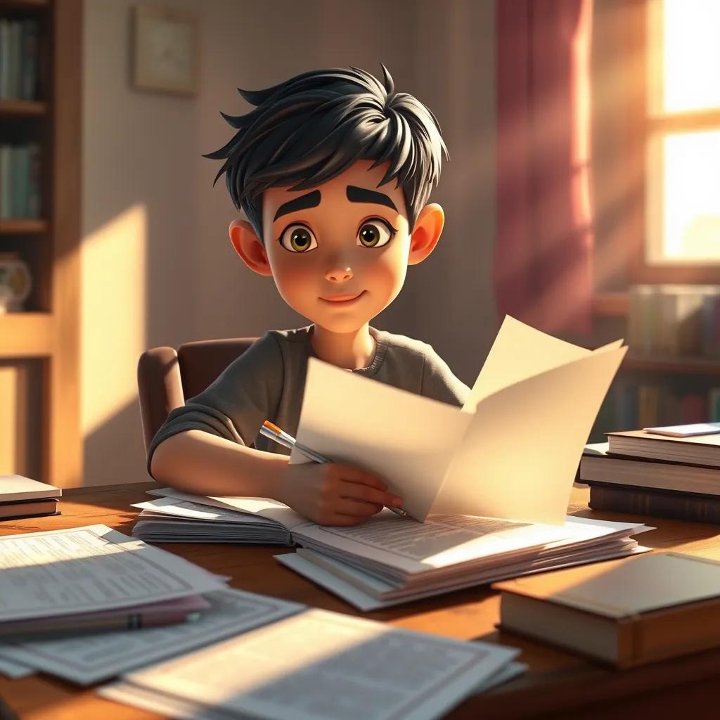 Majd, a young Arab boy, with short black hair, writing his own story at a wooden desk, papers spread around, sunlight pouring in through the window, inspiring atmosphere, rich colors, motivational scene, uplifting