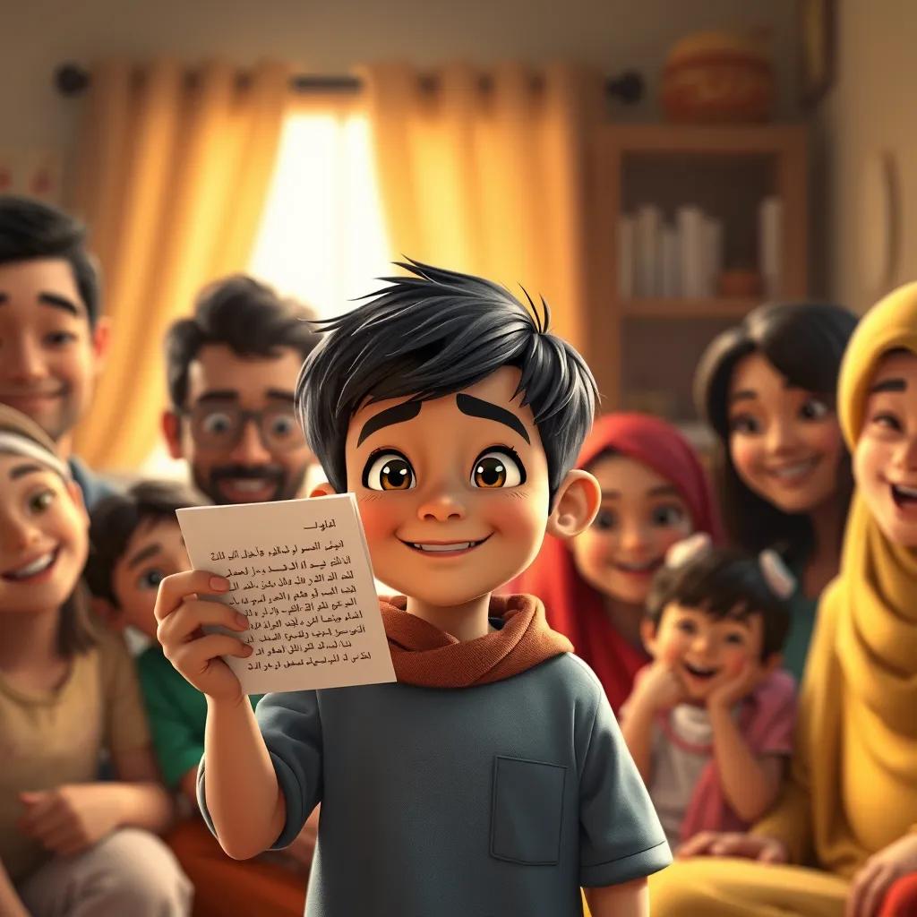 Majd, a young Arab boy, with short black hair, proudly holding up his written story, smiling, surrounded by his family who are encouraging him, warm home lighting, joyful scene, heartwarming imagery