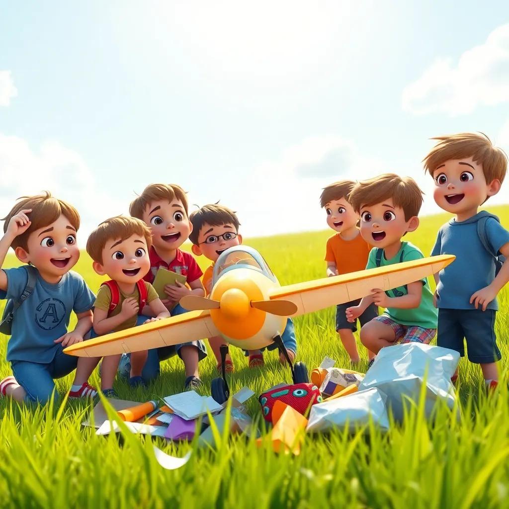 A group of excited children gathering materials to build a model airplane, a sunny day in a grassy field, digital art, vibrant colors, joyful atmosphere, high quality