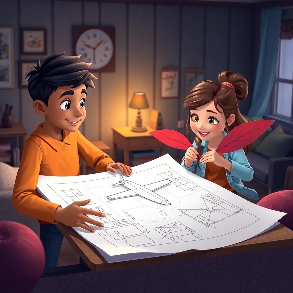 Omar, a smart boy, drawing airplane plans on a big sheet of paper, while Sarah, a brave girl, is cutting colorful paper for the wings, inside a cozy room, rich colors, creative scene, high quality