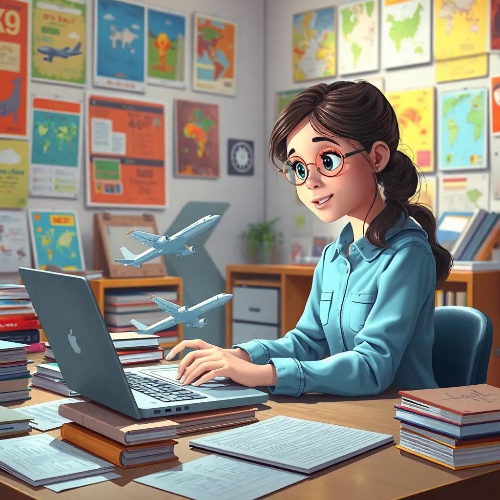 Leila, a creative girl, researching airplane technology on a laptop, surrounded by books and papers, in a bright room filled with posters, vivid colors, focused atmosphere, high quality