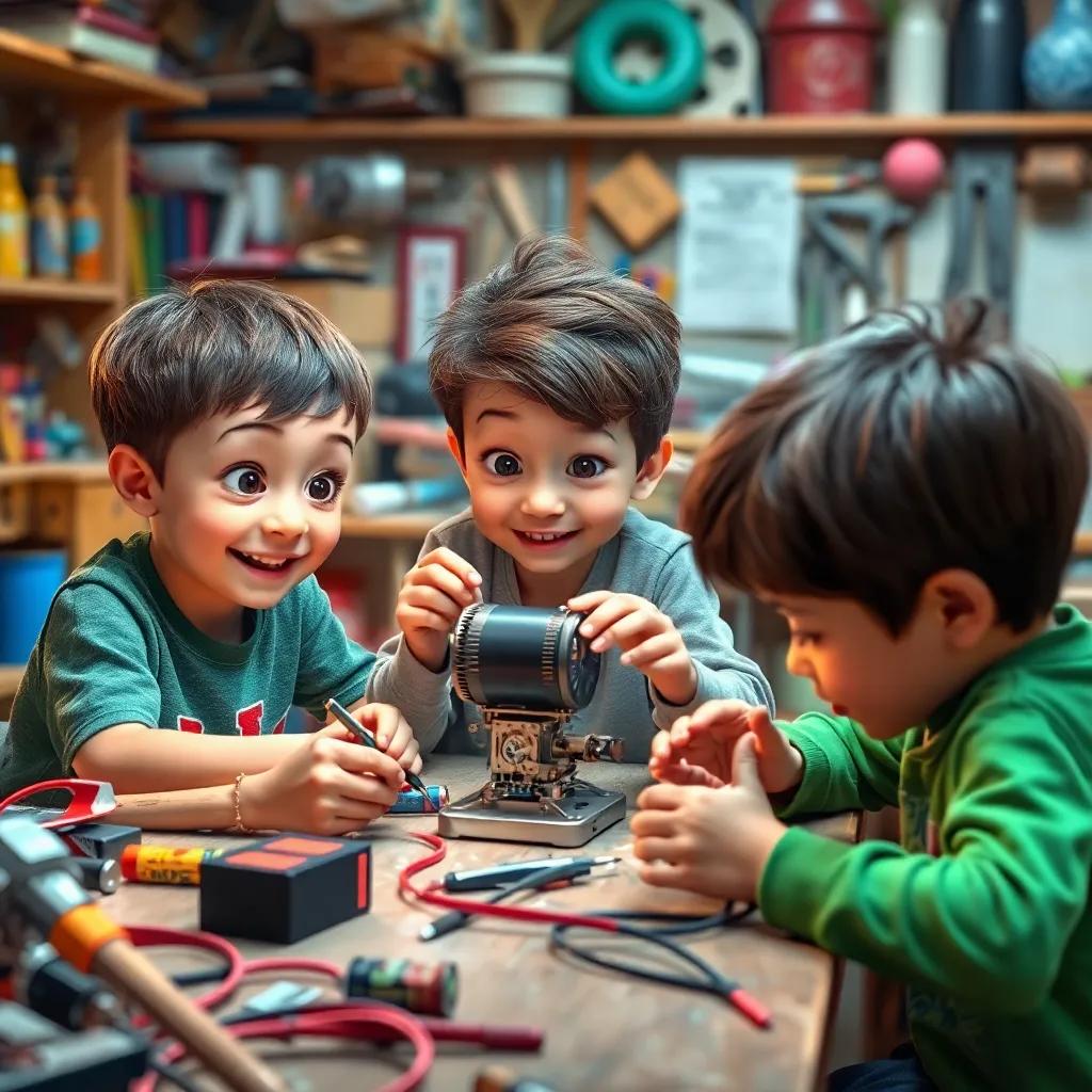 Children experimenting with a small motor, using batteries and wires, their eyes bright with excitement, in a workshop filled with tools and materials, colorful and chaotic, high quality
