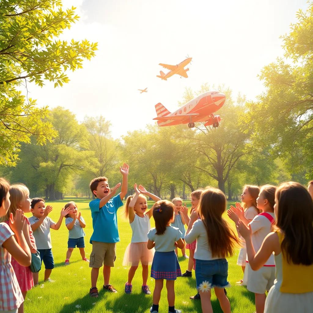 A beautiful sunny day in the park where children cheer as their airplane flies in the sky, everyone is clapping and laughing, vibrant colors, joyful celebration, high quality