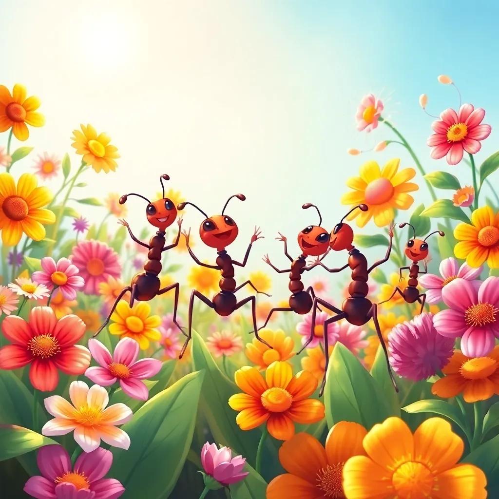 A group of ants dancing joyfully in a colorful flower garden, the sun shining brightly, intricate details of flowers and leaves, cheerful, vibrant atmosphere, digital art, high quality
