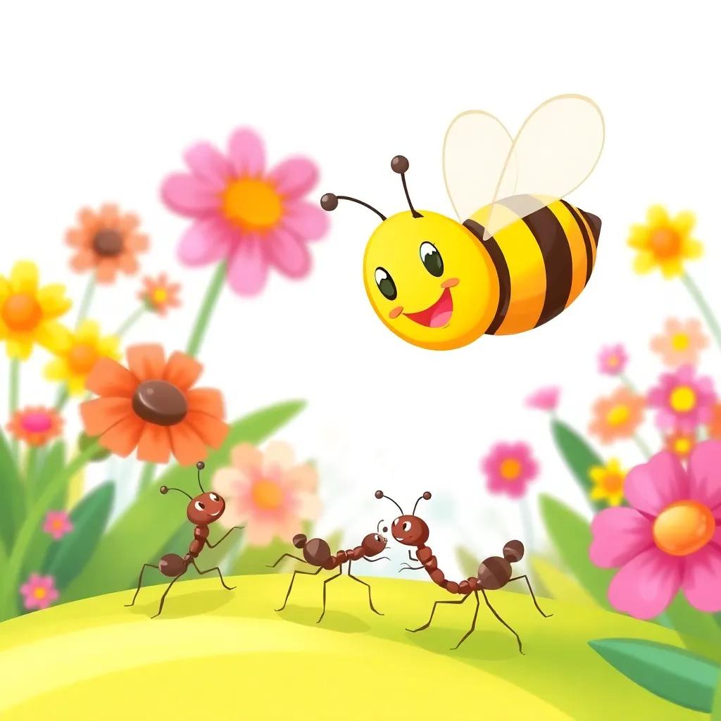 A friendly bee flying nearby, smiling and looking at the dancing ants, colorful garden background with blooming flowers, bright colors, joyful scene, illustration, high quality