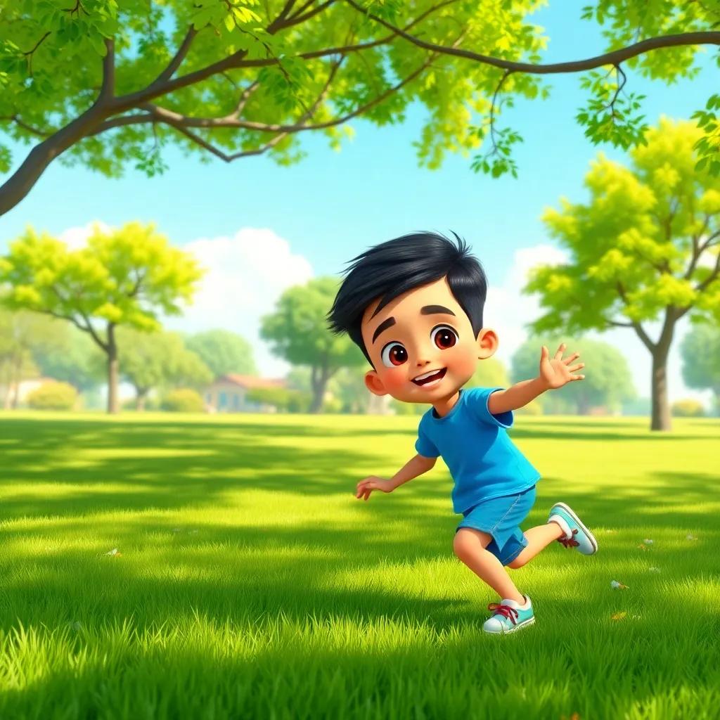 A young boy, Mohammed, with short black hair, wearing a blue t-shirt and shorts, playing in a sunny park with green grass and trees, cheerful atmosphere, colorful, vibrant scene, child-friendly