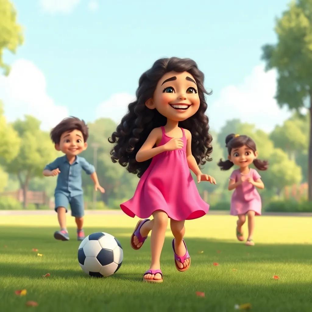 A joyful girl, Rawda, with long, curly hair, wearing a pink dress and sandals, laughing while playing soccer in the park with her brother and sister, bright colors, fun and engaging setting, family-friendly scene