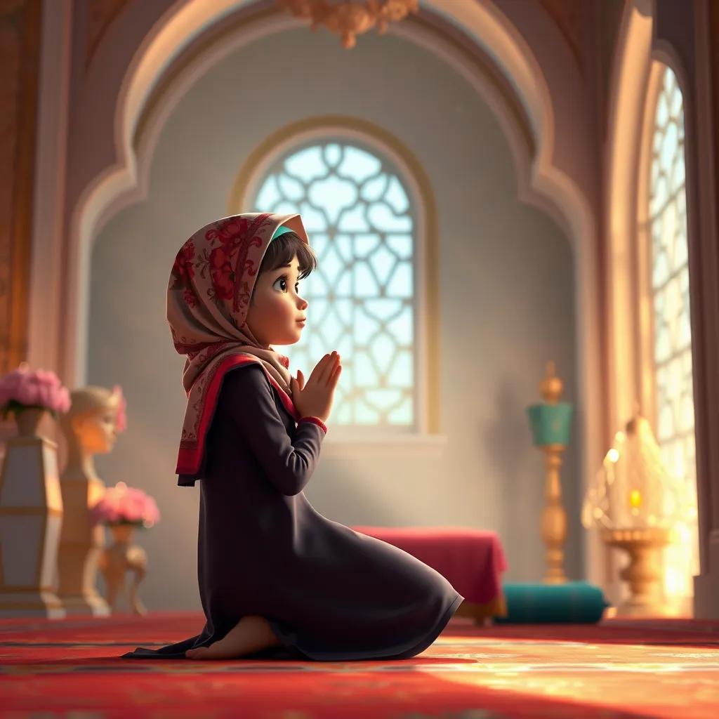 Fatima, a young Muslim girl with a colorful hijab, kneeling down to pray in a bright room, surrounded by beautiful decorations, warm light, calm colors, inviting setting, high quality