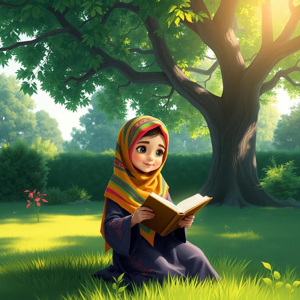 Fatima, a young Muslim girl in a colorful hijab, reading the Quran in a lush green garden under a large tree, sunlight filtering through the leaves, digital painting, vibrant colors, tranquil scene, high quality