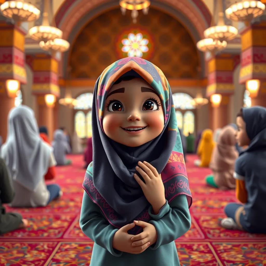 Fatima, a young Muslim girl with a colorful hijab, happily praying in a mosque with her friends, colorful prayer mats, warm lights, joyful atmosphere, high quality