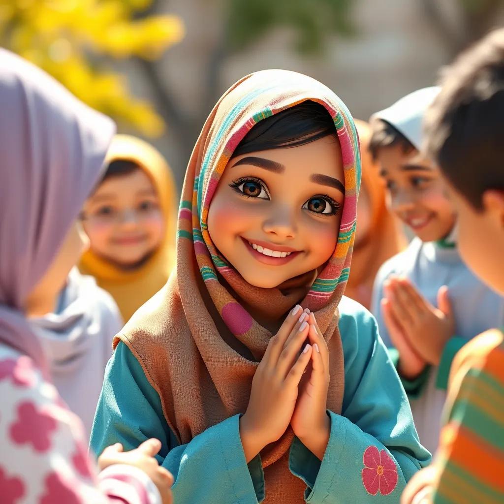 Fatima, a young Muslim girl with a colorful hijab, encouraging her friends to pray together, in a bright outdoor setting, smiles and happiness, inviting colors, warm light, high quality