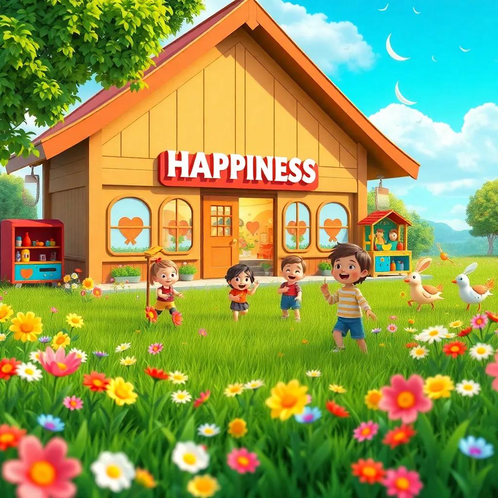 A magical station named Happiness, with children playing joyfully in a green field surrounded by colorful flowers and delightful toys, bright colors, digital art, child-friendly, uplifting atmosphere