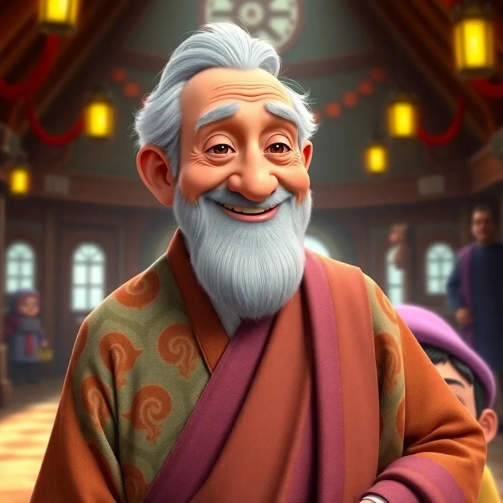 An old man named Uncle Jad, smiling gently and welcoming children at the magical station, wearing a colorful robe and a friendly expression, warm light, welcoming scene, highly detailed