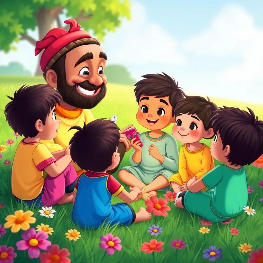 Children gathered around Uncle Jad, listening to him talk about happiness, sitting on a grassy area surrounded by vibrant flowers, cheerful mood, illustration, detail