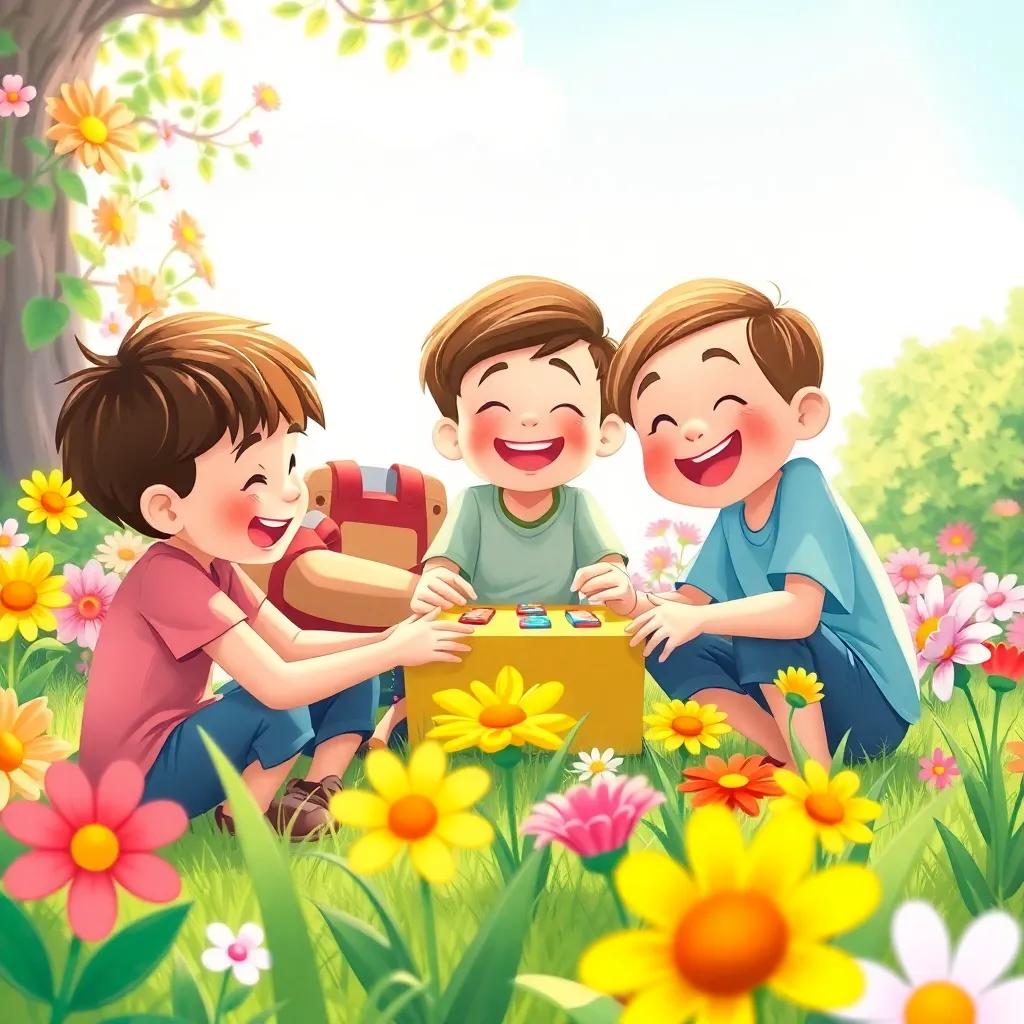 Children playing together, helping each other with games, laughter filling the air, colorful flowers blooming around them, joyful atmosphere, bright sunlight, illustration, engaging
