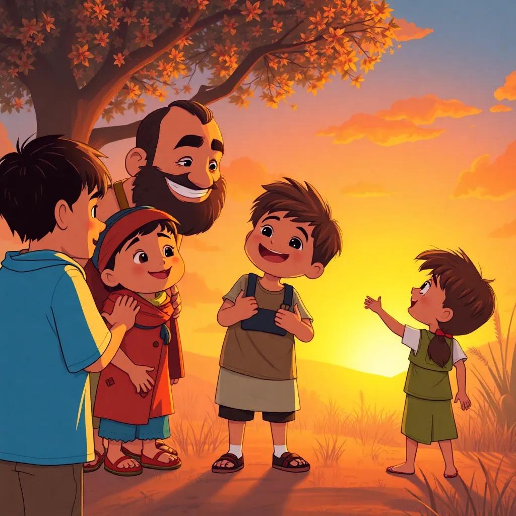 Children saying goodbye to Uncle Jad, filled with happiness and love, golden sunset illuminating the scene, warm colors, heartwarming moment, illustration