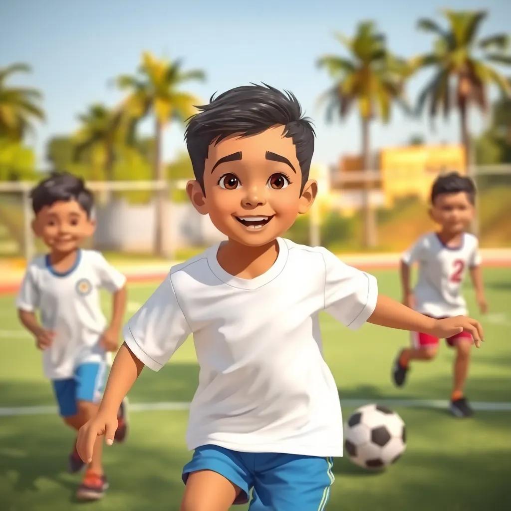 A young Arab boy, Mohamed, with short black hair wearing a clean white shirt and blue shorts, playing football with friends in a sunny playground, illustration, vibrant colors, joyful atmosphere, high quality