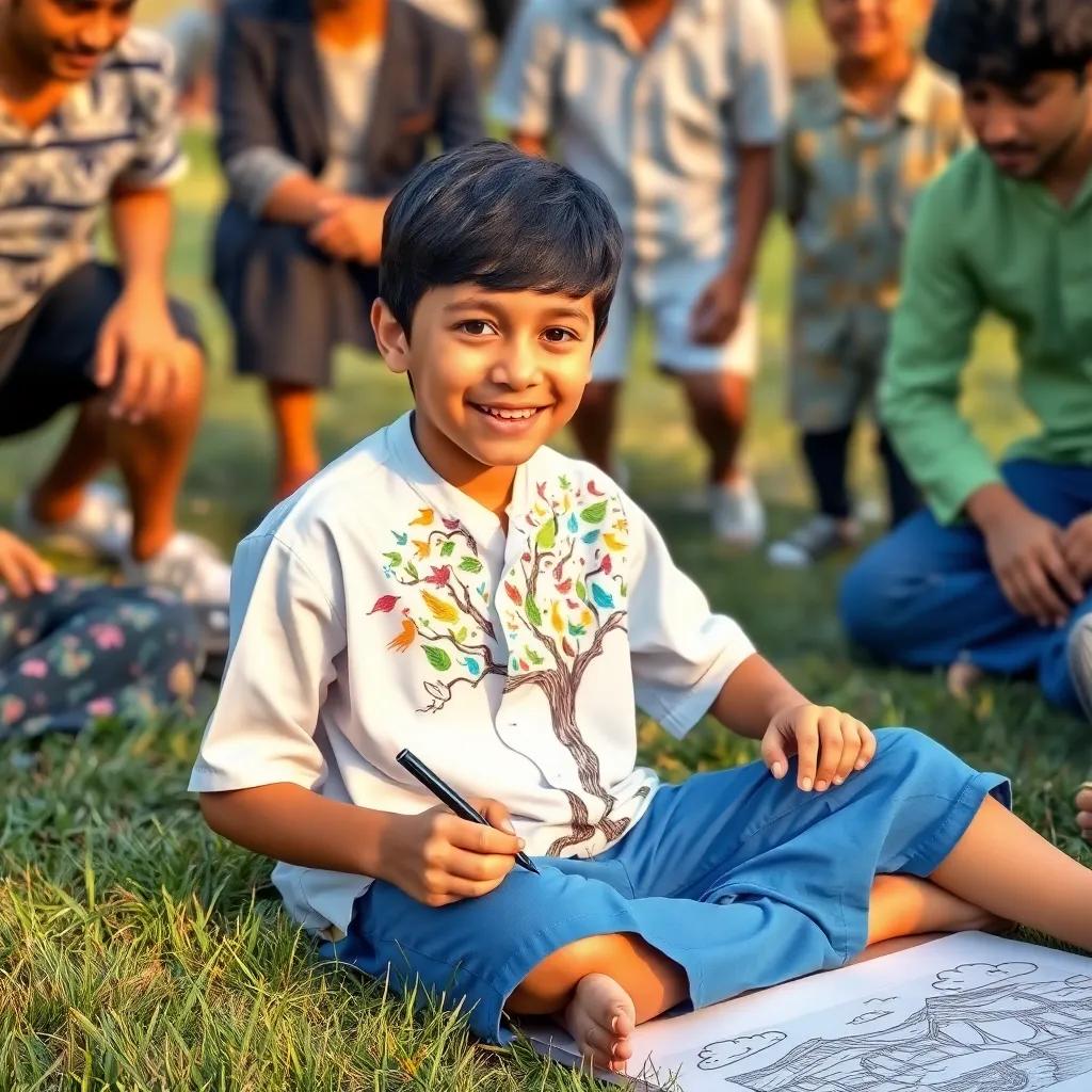 A young Arab boy, Mohamed, with short black hair wearing a clean white shirt and blue shorts, sitting on the grass drawing a big colorful tree with birds and clouds, surrounded by friends watching, cheerful, bright colors, artistic view, high quality