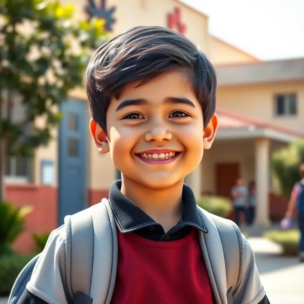 A cheerful Palestinian boy, Muhammad, with dark hair, wearing a school uniform and carrying a backpack, smiling happily in front of his school, digital art, bright colors, lively atmosphere, child-friendly scene, high quality