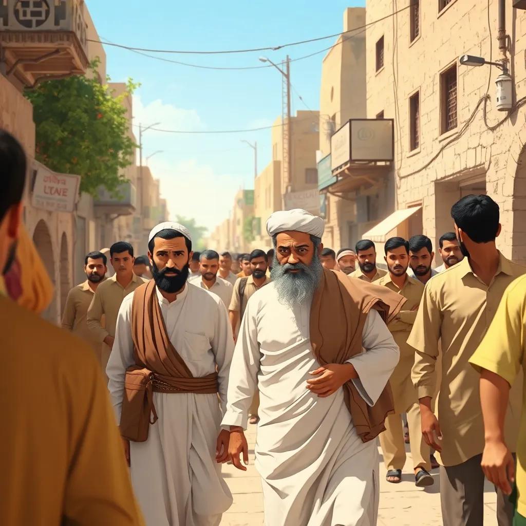 A busy street in Palestine with Muhammad and his father walking together. People around looked concerned and the atmosphere felt tense, digital illustration, realistic, engaging, high quality