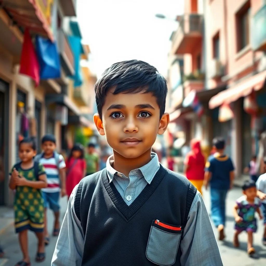 A young Arab boy, Muhammad, with short black hair, wearing a school uniform, standing in a busy neighborhood with children playing, hopes in his eyes, bright light, colorful, cheerful atmosphere, digital art, child-friendly, high quality