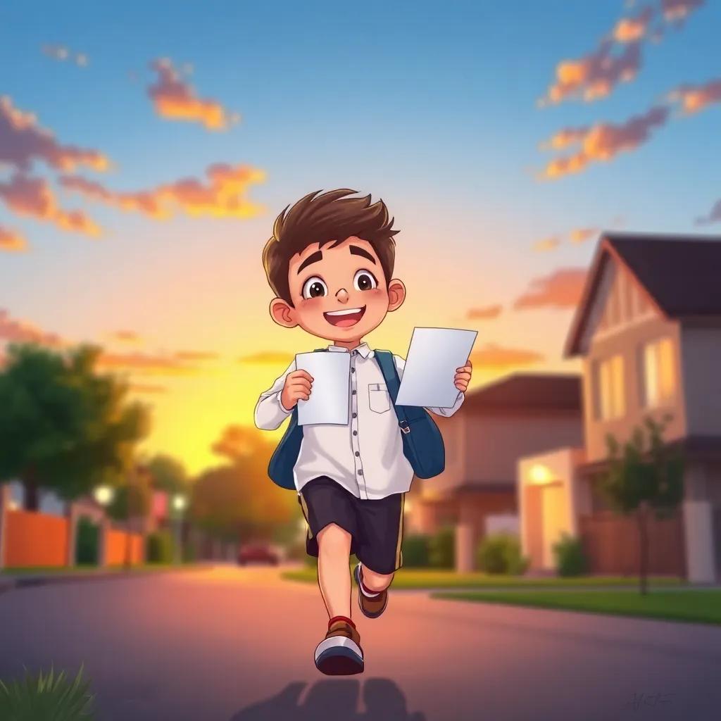 Muhammad, a young Arab boy, joyfully running home, wearing a school uniform, holding a letter of acceptance, with a beautiful sunset in the background, happiness lighting his face, warm colors, inviting scene, illustration, high quality