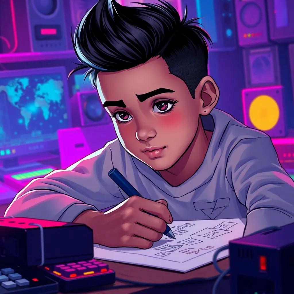 Muhammad, a young boy with fair skin and styled black hair, sitting at a desk with electronic parts, sketching ideas on paper, focused expression, digital art, vibrant details, magical atmosphere