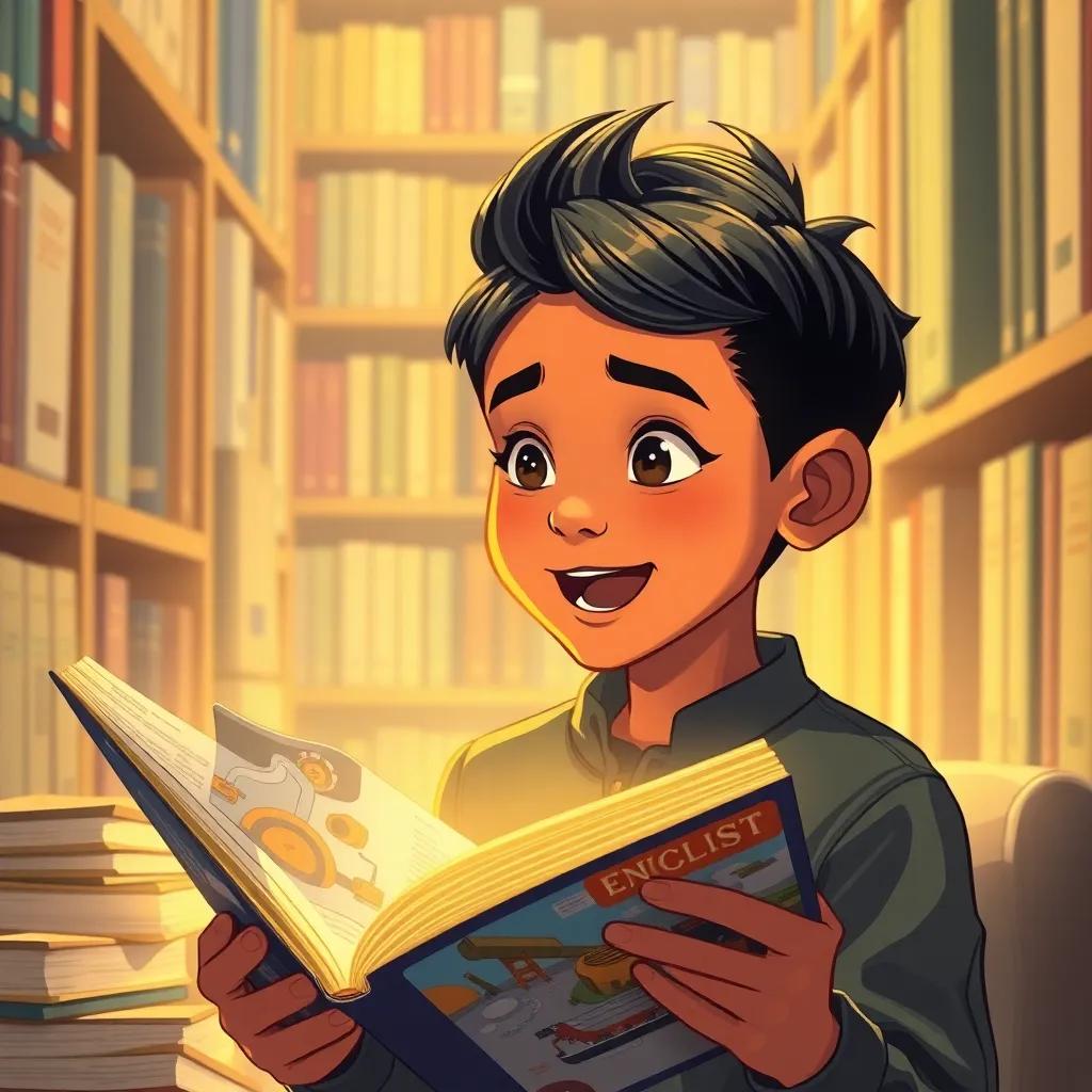 Muhammad, a young boy with fair skin and styled black hair, surrounded by books about engineering in a library, excitedly looking at a book with bright illustrations, illustration, cozy and inviting, warm light