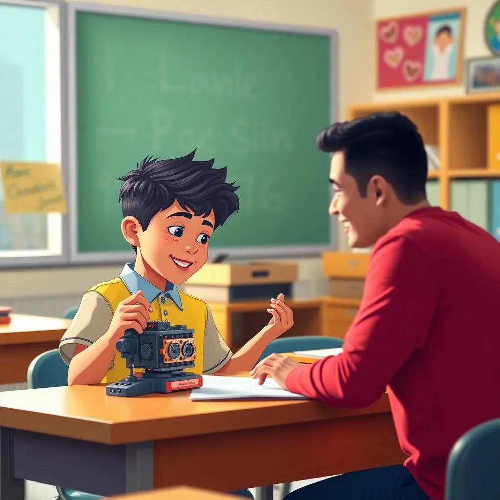 A classroom scene with Muhammad, a young boy with fair skin and styled black hair, showing his teacher a small machine he made, encouraging teacher's smile, bright and colorful, friendly atmosphere