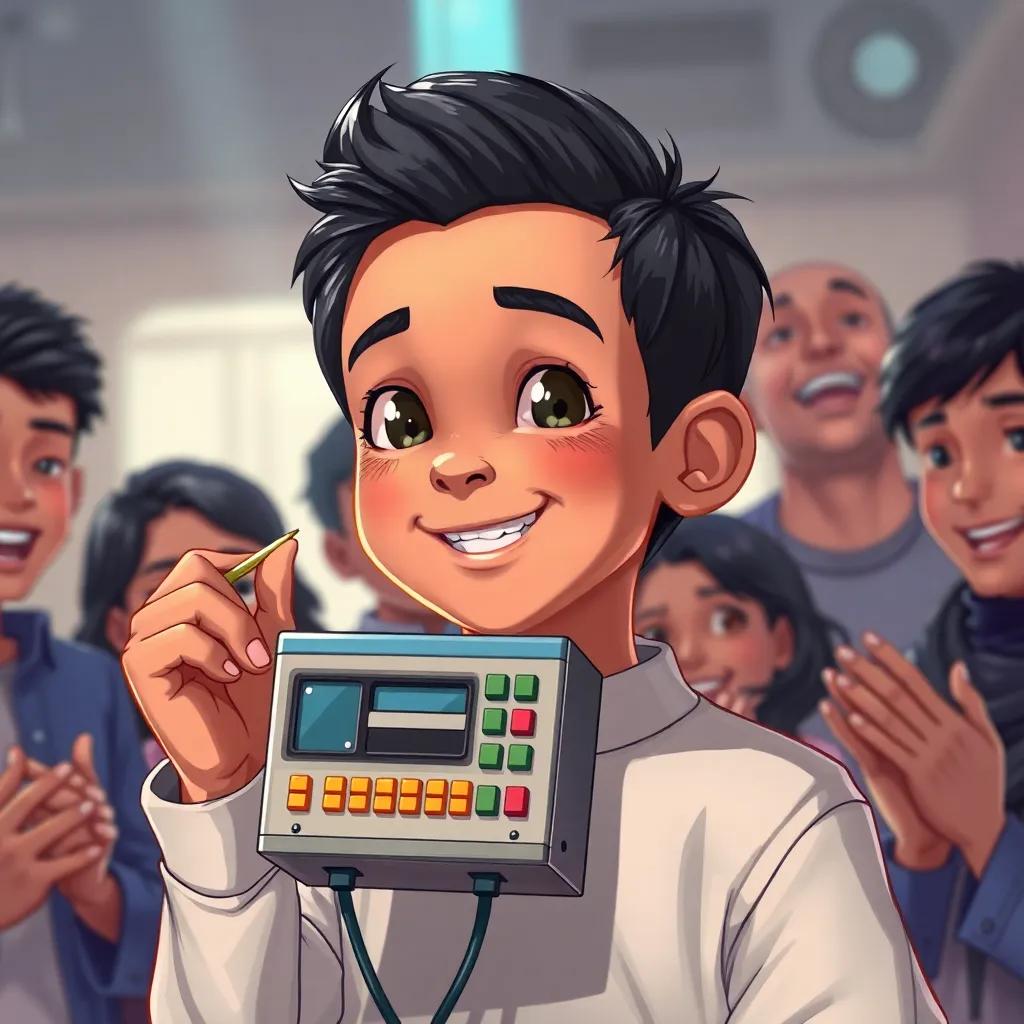 Muhammad, a young boy with fair skin and styled black hair, proudly holding a small counting machine he invented, with friends applauding in excitement around him, joyful expression, digital painting, lively detail