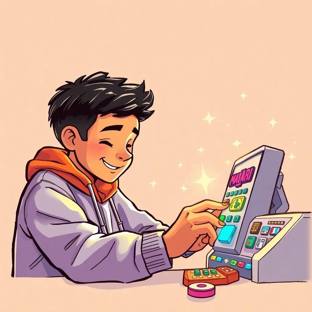 A vibrant sketch of Muhammad working on improving his machine, adding colorful buttons and sparkles around him, happily focused, imaginative art style, child-friendly vibe